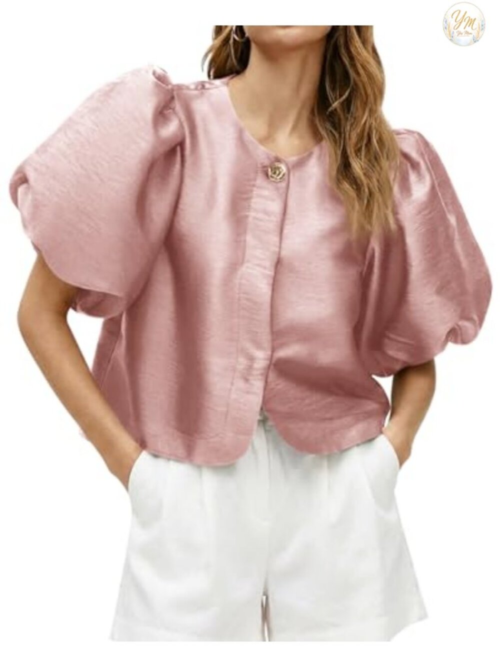 Silk Satin Puff Sleeve Button Down Blouse Loose Fit Work Top